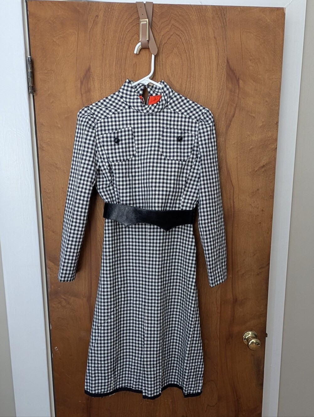 Vintage 1960s Black White Houndstooth Mod Dress Belted